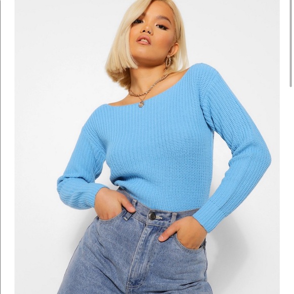 Gray Boohoo Cropped Off The Shoulder Knit Sweater - Picture 2 of 3
